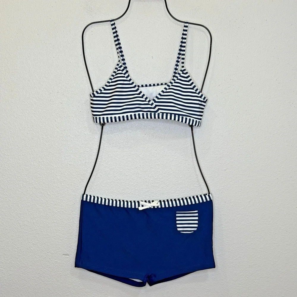 Tommy Bahama 2 Piece Swimsuit Girls Size 16 Blue Striped Trianlge Top Boy Shorts